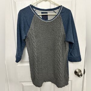 Womens Cable Knit Sweater Sweatshirt 3/4 Sleeve Top Blue Gray Two Toned Large